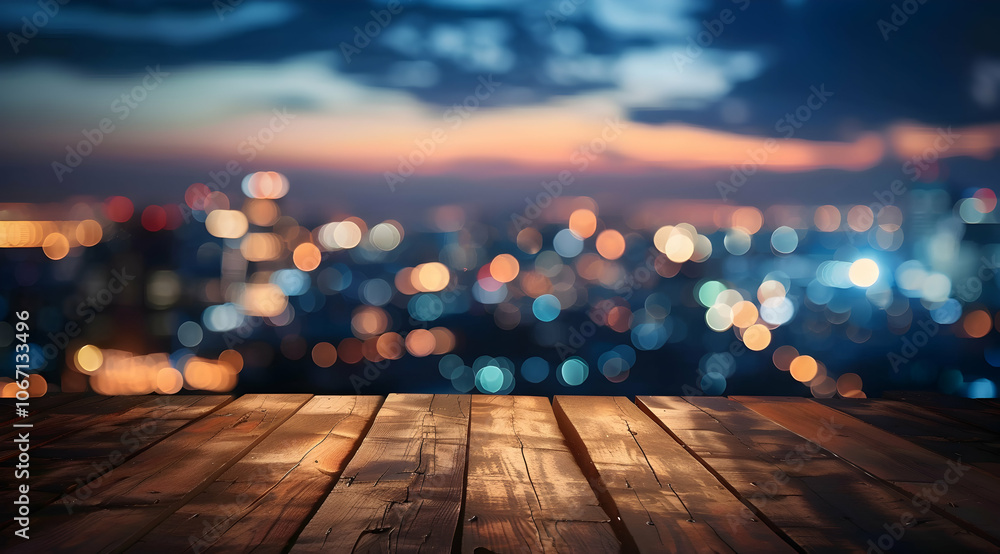 Obraz premium Blurred bokeh background with a wooden table and city lights at night. 