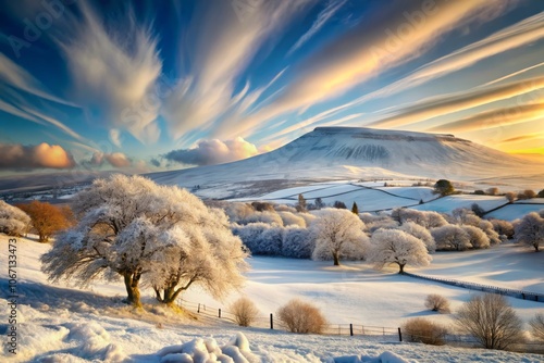 Surreal Winter Landscape of Pendle Hill Viewed from Worston Village in Clitheroe, Lancashire, Showcasing Frosty Vistas and Ethereal Skies in a Magical European Setting photo