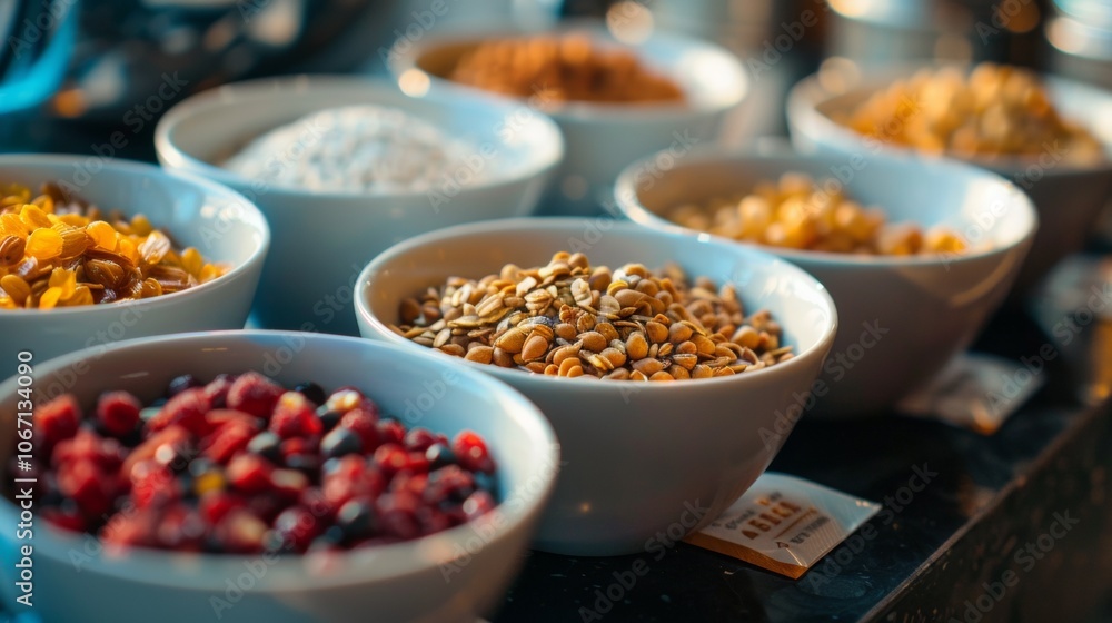 Assortment of nuts, seeds, and grains in bowls Assortment of nuts, seeds, and grains in bowls