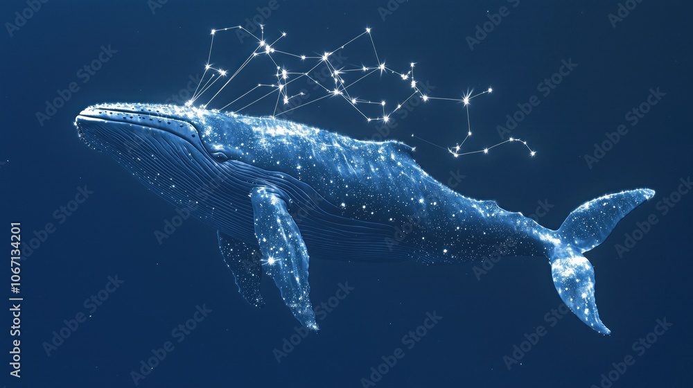 Fototapeta premium Celestial humpback whale with star constellations in deep blue ocean