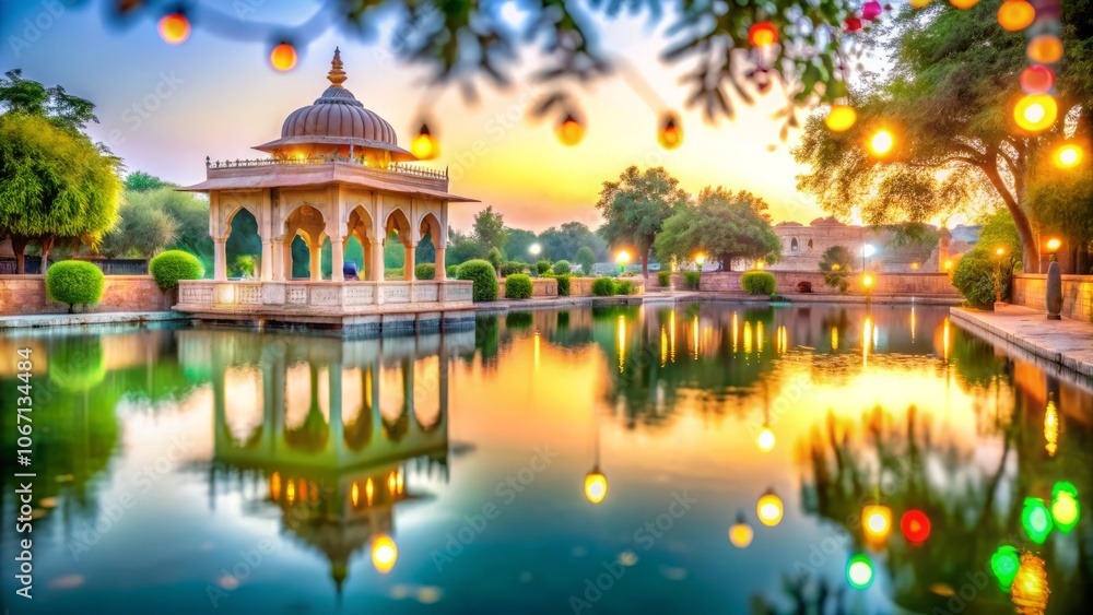 Fototapeta premium Tranquil Holy Pond Surrounded by Lush Greenery in Rural North Punjab with Enchanting Bokeh Effect Creating a Dreamy Atmosphere for Peaceful Reflection and Serenity