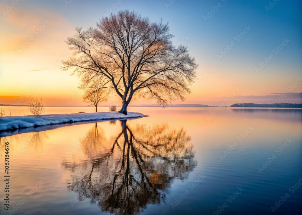 Tranquil Winter Lake Scene in New York with Leafless Tree Reflections Creating a Serene Atmosphere for Peaceful Portrait Photography Tranquil Winter Lake Scene in New York with Leafless Tree Reflections Creating a Serene Atmosphere for Peaceful Portrait Photography