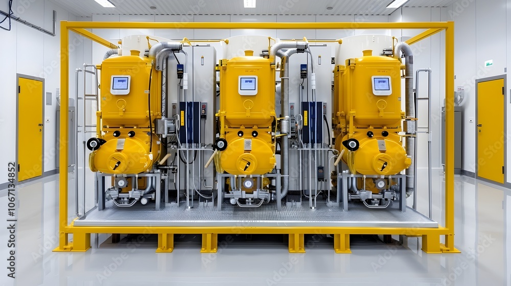 Fototapeta premium Renewable Energy Powered Hydrogen Production Plant Featuring Advanced Machinery and Equipment Set in a Vibrant Modern Industrial Landscape