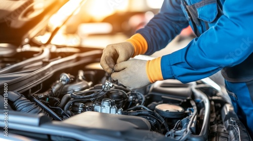 Skilled mechanic in gloves tightening a bolt in an engine bay, demonstrating precision and expertise in car maintenance and repair, professional automotive service concept photo