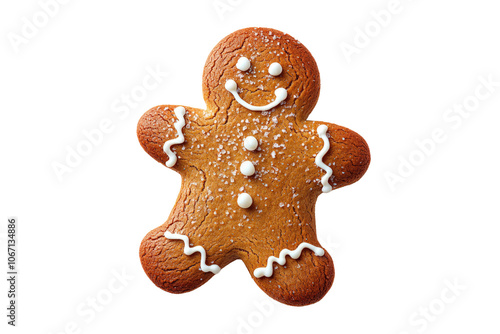 A cheerful gingerbread man cookie featuring white icing details and a smiling face, perfect for holiday celebrations and festive treats.