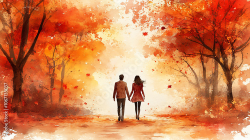 Wallpaper Mural Tranquil Autumnal Stroll: Couple Walking Hand-in-Hand Amid Fall Foliage for Love and Support Concept Torontodigital.ca