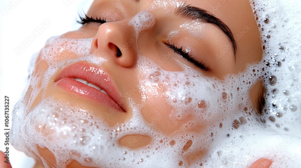 Close up Woman Face Wash Foam Bubbles Skincare Beauty Clean Close up Woman Face Wash Foam Bubbles Skincare Beauty Clean