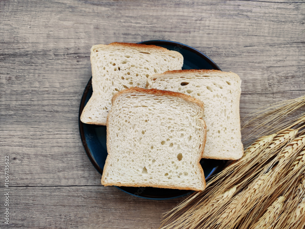 Square pieces of white toast bread and ears of dry wheat Square pieces of white toast bread and ears of dry wheat
