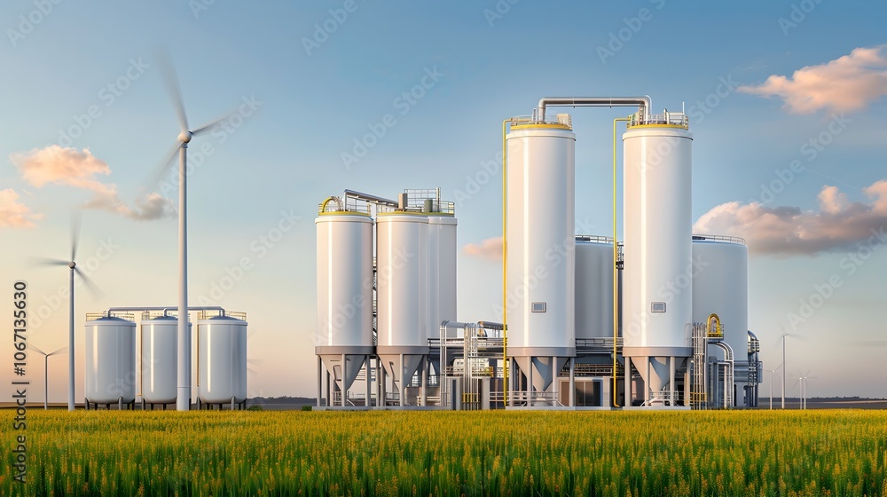 Industrial hydrogen production plant powered by solar energy and wind turbines capturing a modern renewable energy scene in a scenic rural landscape with tanks silos and machinery Industrial hydrogen production plant powered by solar energy and wind turbines capturing a modern renewable energy scene in a scenic rural landscape with tanks silos and machinery