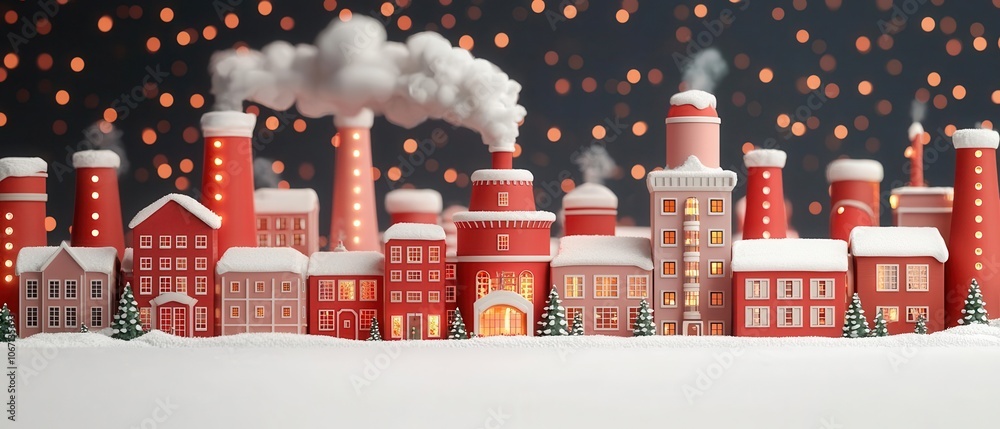 A whimsical scene of a snowcovered factory exterior with chimneys puffing smoke, lights twinkling, Santa Factory, holiday magic, winter wonderland A whimsical scene of a snowcovered factory exterior with chimneys puffing smoke, lights twinkling, Santa Factory, holiday magic, winter wonderland