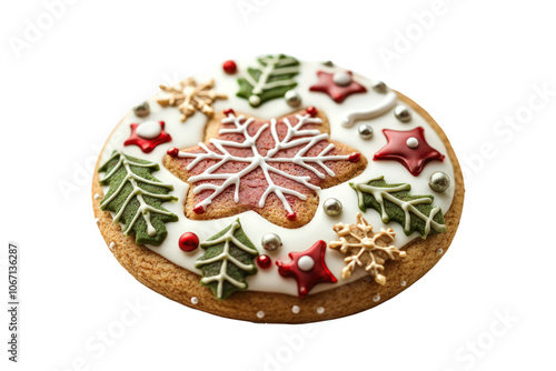 A beautifully decorated Christmas cookie featuring festive designs like a snowflake, holly leaves, and colorful sprinkles.