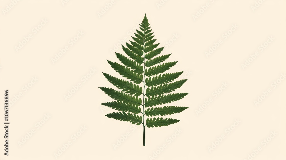 Fern leaf with intricate details, isolated on a light background.