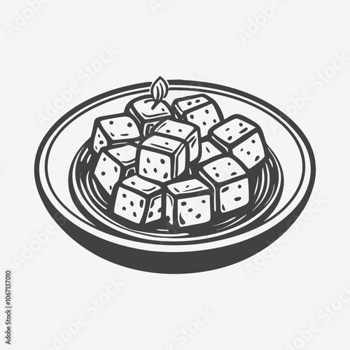Paneer Tikka Silhouette Vector Illustration of Indian Grilled Cottage Cheese Dish Isolated on White Background