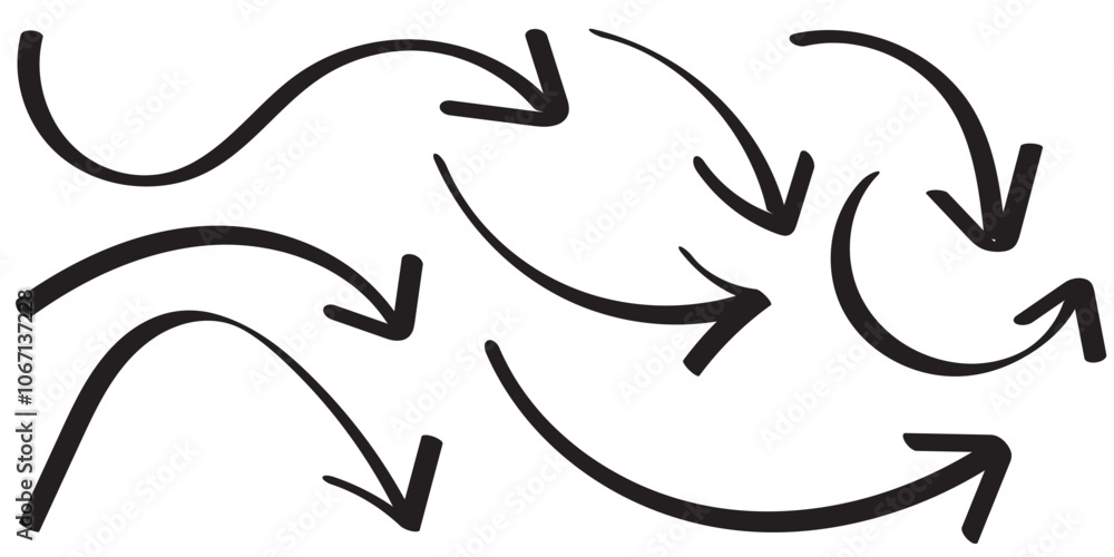 Set of black hand drawn arrow element vector. Collection of doodle arrows, lines, symbol, pointing mark, shapes on white background. Set of black hand drawn arrow element vector. Collection of doodle arrows, lines, symbol, pointing mark, shapes on white background.