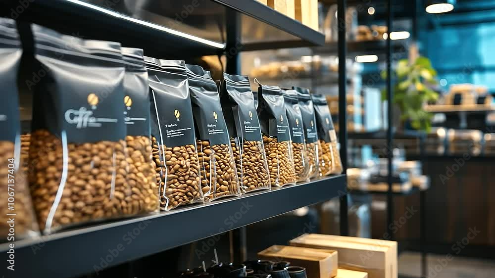 A commercial shelf fully stocked with sealed packaging bags filled with coffee beans, their minimalistic designs and vibrant colors drawing attention in a busy retail space. A commercial shelf fully stocked with sealed packaging bags filled with coffee beans, their minimalistic designs and vibrant colors drawing attention in a busy retail space.