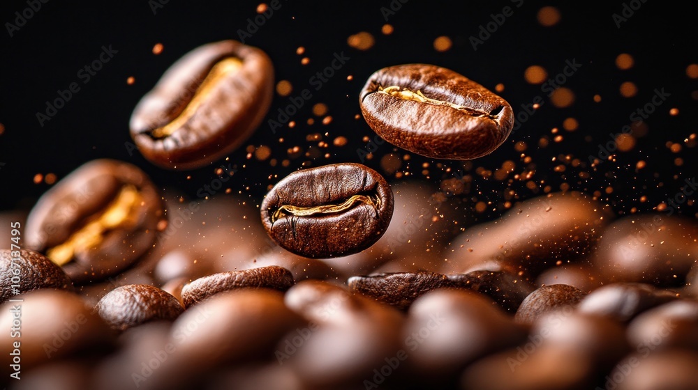 Coffee Beans in Mid-Air with Sprinkles of Ground Coffee Coffee Beans in Mid-Air with Sprinkles of Ground Coffee