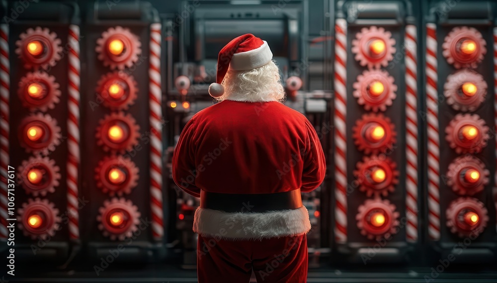 Santa standing in front of glowing machines producing toys, gears turning and candycoated walls, Santa Factory, magic and machinery Santa standing in front of glowing machines producing toys, gears turning and candycoated walls, Santa Factory, magic and machinery