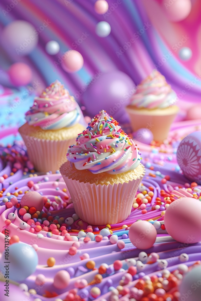 Pastel colored cupcakes and candies sprinkled on a surreal D abstract scene AI generated illustration Pastel colored cupcakes and candies sprinkled on a surreal D abstract scene AI generated illustration