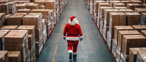 Wallpaper Mural Santa strolling through a massive warehouse where gifts are packed into shipping containers, ready for transport, Santa Warehouse, holiday exports, worldwide delivery Torontodigital.ca