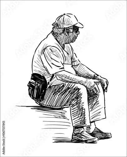 Sketch of one casual tired senior man tourist sitting outdoors for rest, realistic hand drawing, vector illustration isolated on white