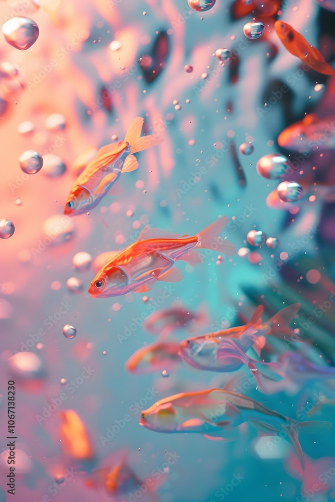 Pastelcolored abstract design featuring small fish swimming in D water AI generated illustration Pastelcolored abstract design featuring small fish swimming in D water AI generated illustration