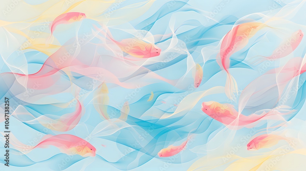 Pastelcolored abstract design featuring small fish swimming in D water AI generated illustration Pastelcolored abstract design featuring small fish swimming in D water AI generated illustration