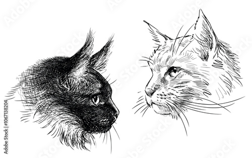 Sketches of two Maine Coon cats heads, realistic pets portraits, hand drawn vector illustration isolated on white
