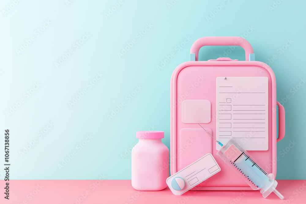 Obraz premium pink medical kit with syringe, thermometer, and medicine bottle, ideal for health precautions during travel. Stay prepared and safe on your journeys!