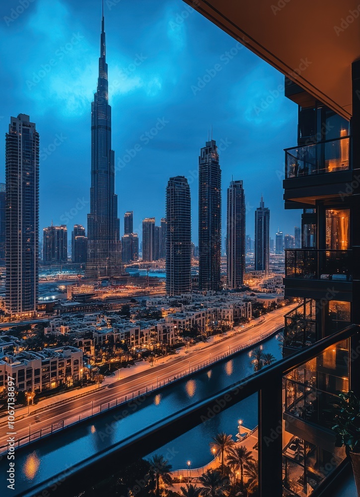 Obraz premium Dusk View of Dubai Skyline from a High-Rise Balcony