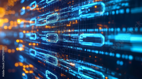 Blockchain applications in finance, with specialists coding secure transactions on high-tech workstations