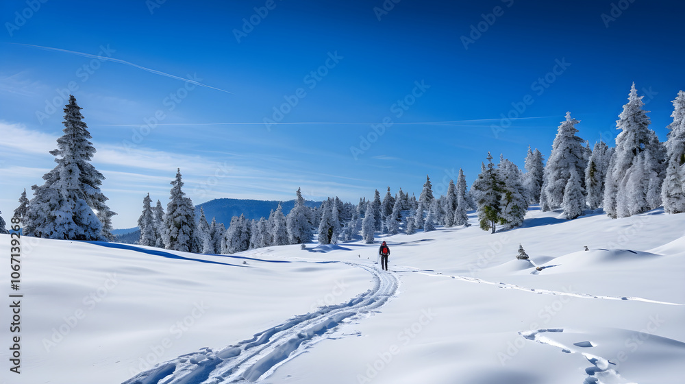 Winter Wonderland Snow Covered Forest Lone Hiker on Trail Snowy Landscape Blue Sky W Winter Wonderland Snow Covered Forest Lone Hiker on Trail Snowy Landscape Blue Sky W