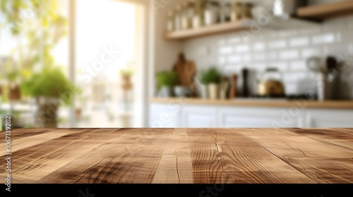 Picture an unadorned elegant wood table countertop with a blurred abstract background of a stylish welllit kitchen AI generated illustration photo