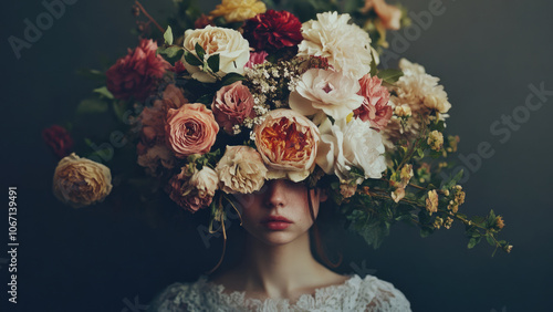 Artistic portrait of a woman with a vibrant crown of roses and greenery photo