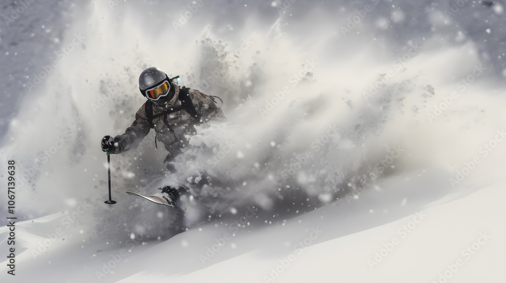 Skier in Powder Snow Winter Sports Action Extreme Skiing Mountain Snowboarding Snow Bl Skier in Powder Snow Winter Sports Action Extreme Skiing Mountain Snowboarding Snow Bl