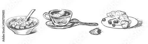 Breakfast sketches, tea cup with lemon, muesli bowl, croissant, strawberry blueberries on saucer, vector hand drawn illustration