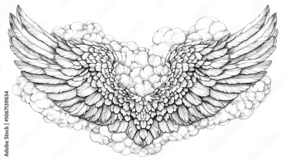 Fototapeta premium Angelic Wings in Clouds Dreamlike Pencil Sketch Art Print
