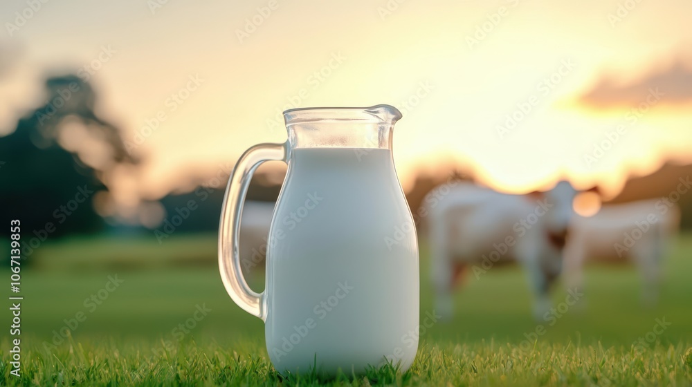 Fresh milk in a glass pitcher on grassy field during sunset. Fresh milk in a glass pitcher on grassy field during sunset.