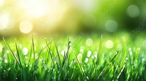 Fresh Green Grass with Morning Dew and Sunlight.