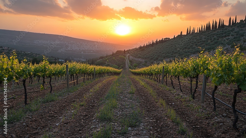 Naklejka premium Sunset Over Vineyard Rows with Golden Light.