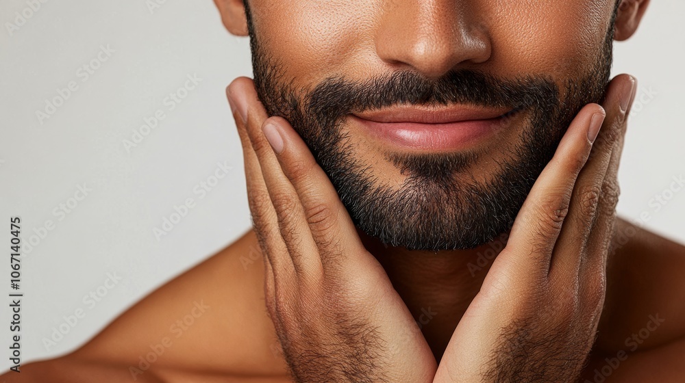 Fototapeta premium Man s Hands Touching Soft Dark Beard Skincare Closeup