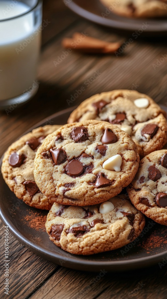 Delicious freshly baked chocolate chip cookies on a rustic wooden table Delicious freshly baked chocolate chip cookies on a rustic wooden table