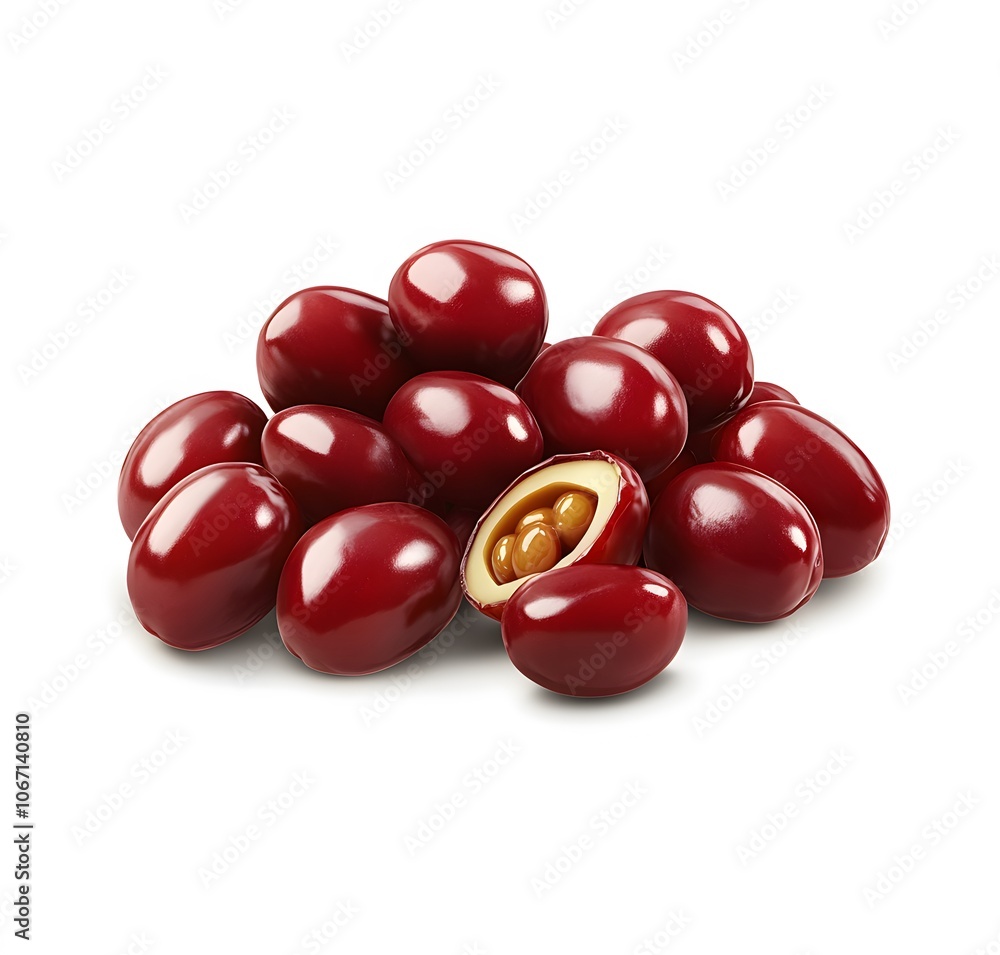 A Group of Shiny Red Dates with One Cut Open Revealing Seeds A Group of Shiny Red Dates with One Cut Open Revealing Seeds
