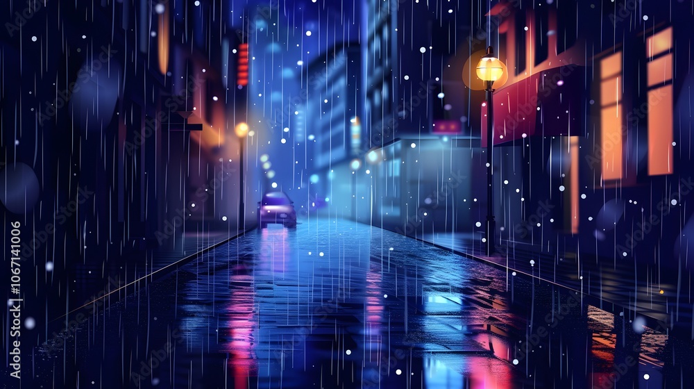 Fototapeta premium Rainy city street at night in a noir D AI generated illustration