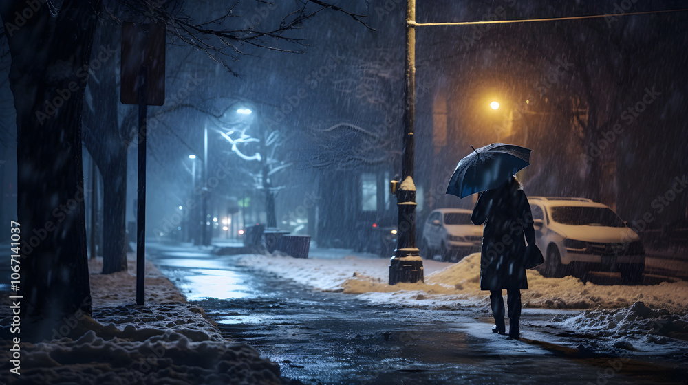 Woman Walking Alone Under Umbrella in Snowy Night City Street Woman Walking Alone Under Umbrella in Snowy Night City Street