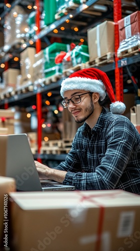 Festive warehouse worker in Santa hat using laptop amid stacked boxes and twinkling lights, blending holiday cheer with logistics efficiency.