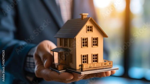 Real estate broker using a miniature house model to explain different aspects of buying or renting a property AI generated illustration