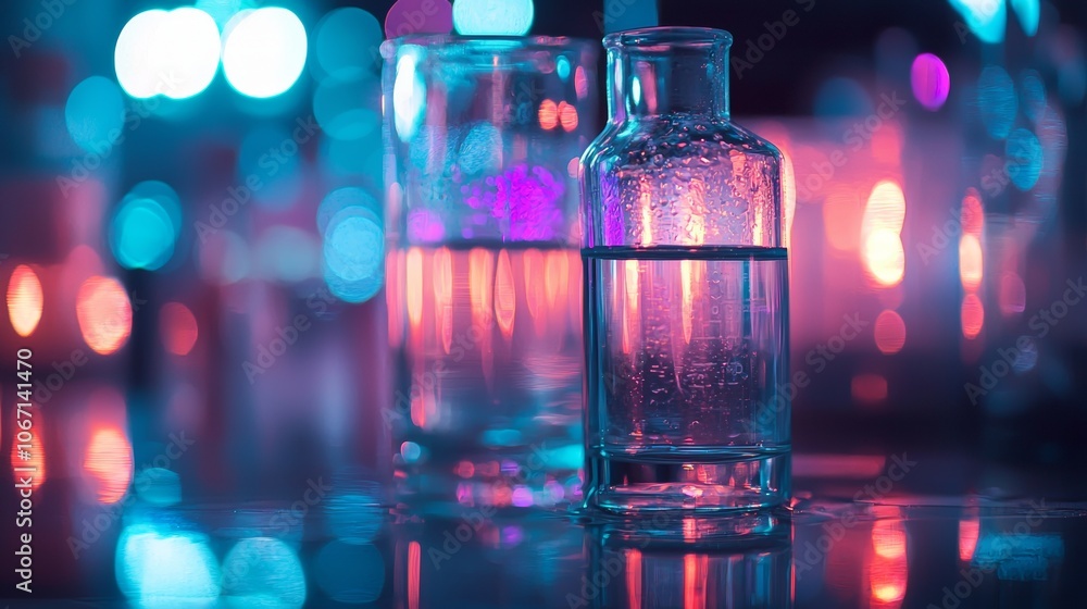 Colorful Glass Bottles with Neon Lighting Bokeh Colorful Glass Bottles with Neon Lighting Bokeh