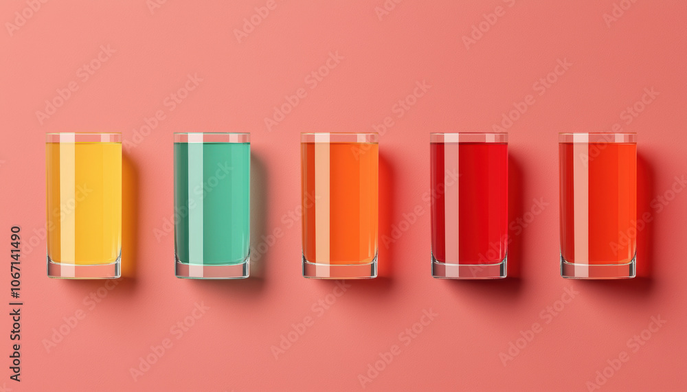 Five colorful drinks arranged in glasses on a coral background create a vibrant and refreshing visual appeal. Five colorful drinks arranged in glasses on a coral background create a vibrant and refreshing visual appeal.