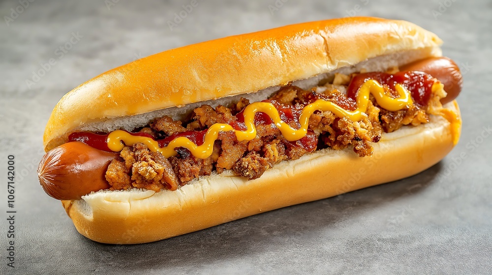 Close-Up Shot of a Delicious Hot Dog Topped with Mustard and Ketchup Perfect for Any Food Lover's Delight, Cookouts, or Fast Food Promotion Close-Up Shot of a Delicious Hot Dog Topped with Mustard and Ketchup Perfect for Any Food Lover's Delight, Cookouts, or Fast Food Promotion
