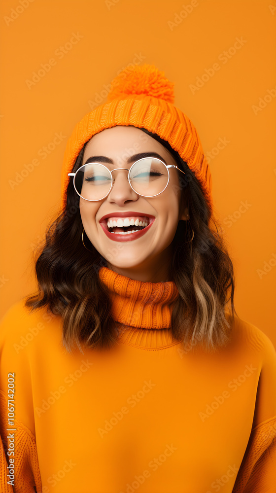 Happy Woman in Orange Knit Hat and Sweater with Round Glasses on Orange Background Happy Woman in Orange Knit Hat and Sweater with Round Glasses on Orange Background